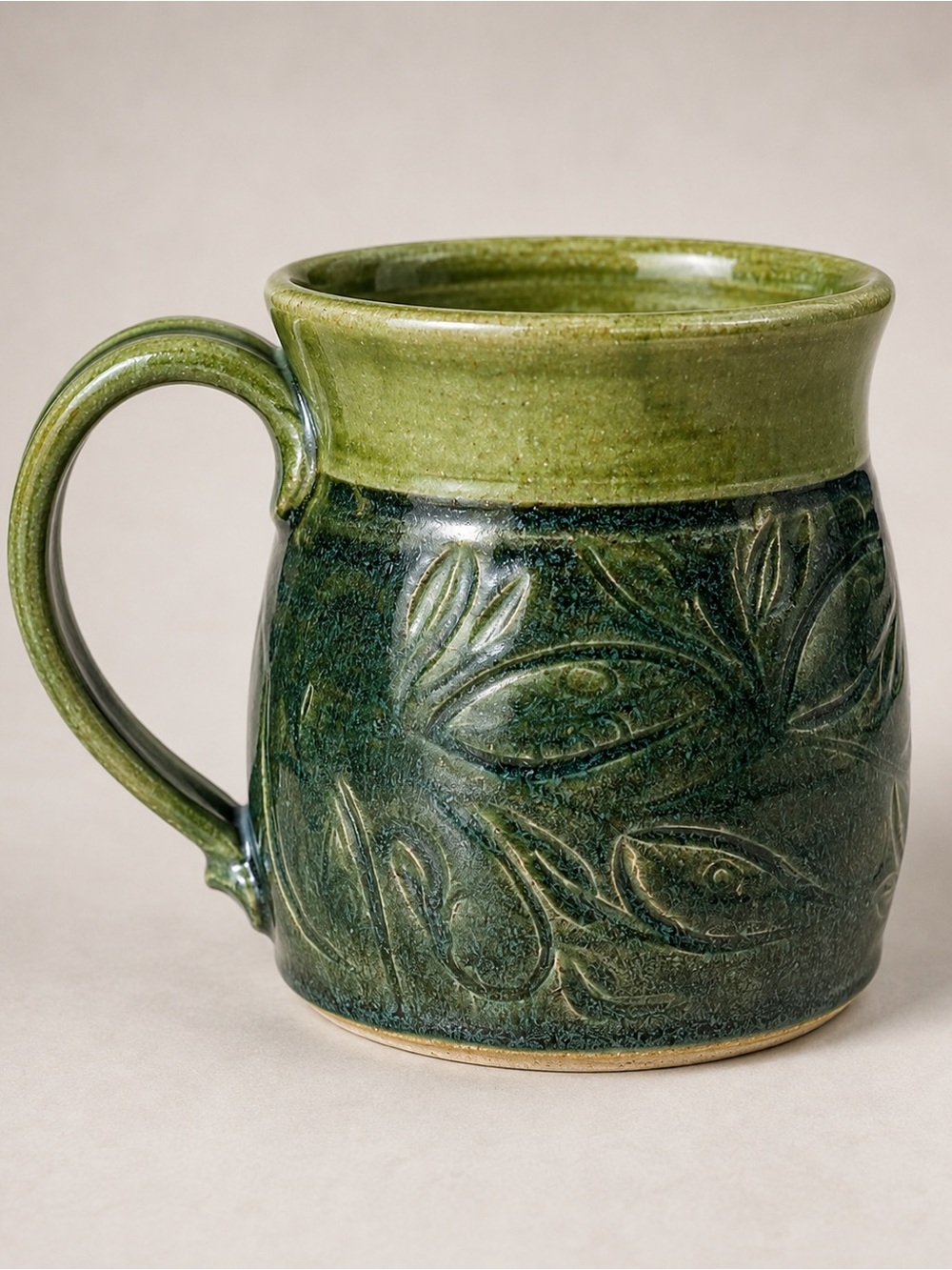 Handmade Studio Pottery Mug Green Botanical Carved Stoneware Signed Artisan 4in
